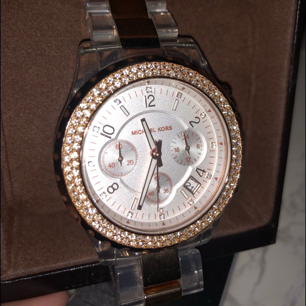 2-Tone Michael Kors Watch (Rose Gold-Clear Band)